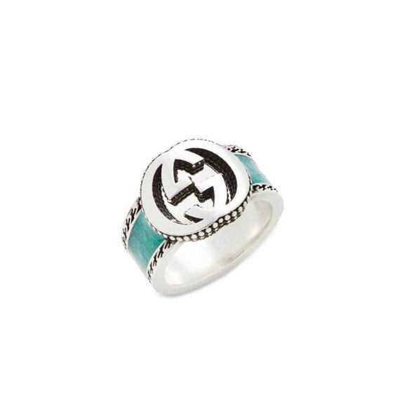 NEW GUCCI Enamel Green Silver Ring GG Logo Sz 16 IT 7.5 US - Picture 1 of 10